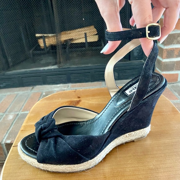 Dune London Black Ankle Strap Genuine Suede Wedge Heels Sandals Size 39 - Picture 2 of 6
